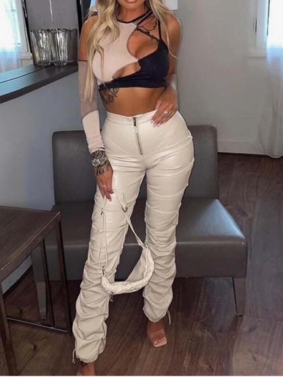 Maniere De Voir Pants - Maniere De Voir Tacked Vegan Leather Beige Cream Pants Size 8